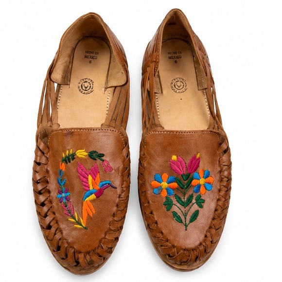 Handmade Shoes - Artisan Mexican Leather Floral Embroidery Comfort Flats Huaraches Women's Size 8